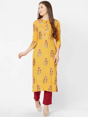 Yellow embroidered viscose rayon kurtas-and-kurtis 1