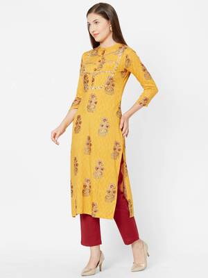 Yellow embroidered viscose rayon kurtas-and-kurtis 3