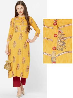Yellow embroidered viscose rayon kurtas-and-kurtis 5
