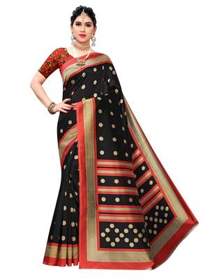 Black printed art silk saree with blouse 1