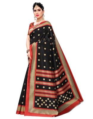 Black printed art silk saree with blouse 2