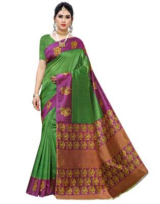 Green printed art silk saree with blouse 1