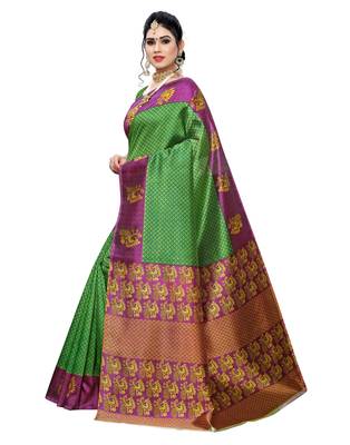 Green printed art silk saree with blouse 2