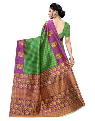 Green printed art silk saree with blouse 3