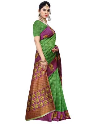 Green printed art silk saree with blouse 4
