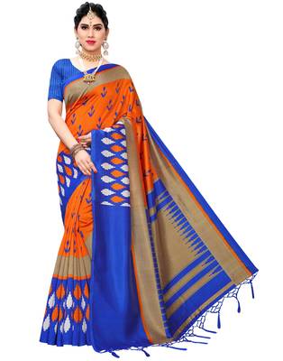 Orange printed art silk saree with blouse 1