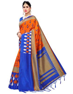 Orange printed art silk saree with blouse 2