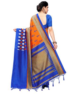 Orange printed art silk saree with blouse 3