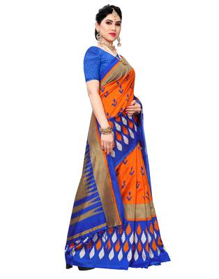 Orange printed art silk saree with blouse 4