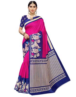 Pink printed art silk saree with blouse 1