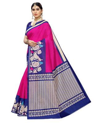 Pink printed art silk saree with blouse 2