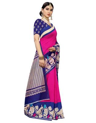Pink printed art silk saree with blouse 4