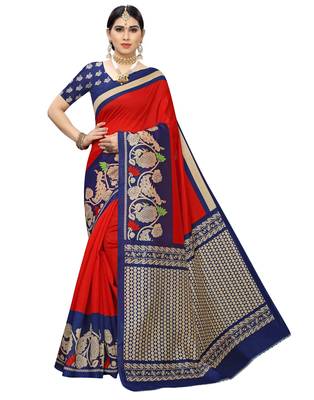 Red printed art silk saree with blouse 1