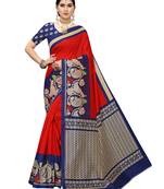Red printed art silk saree with blouse
