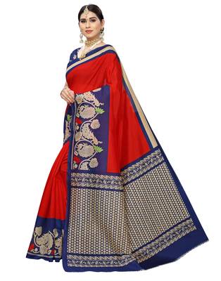 Red printed art silk saree with blouse 2