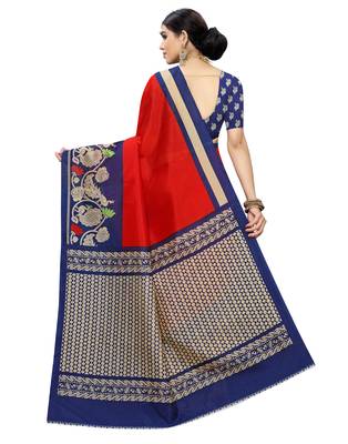 Red printed art silk saree with blouse 3