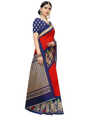 Red printed art silk saree with blouse 4