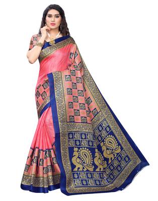 Pink printed art silk saree with blouse 1