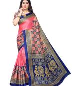 Pink printed art silk saree with blouse