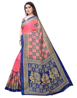 Pink printed art silk saree with blouse 2
