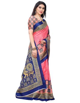 Pink printed art silk saree with blouse 4