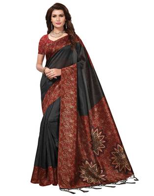 Black printed art silk saree with blouse 1