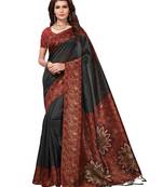 Black printed art silk saree with blouse