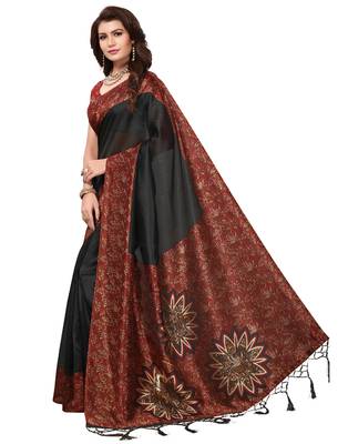 Black printed art silk saree with blouse 2