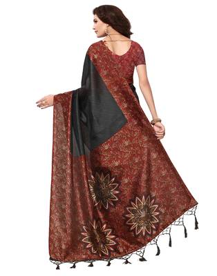 Black printed art silk saree with blouse 3