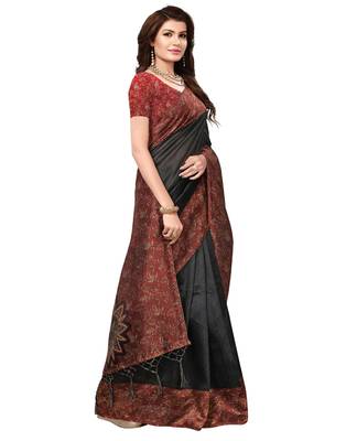 Black printed art silk saree with blouse 4