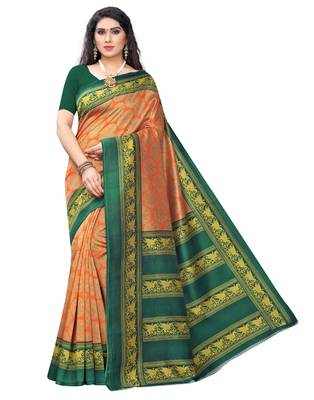 Orange printed art silk saree with blouse 1