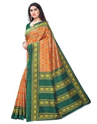 Orange printed art silk saree with blouse 2