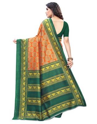 Orange printed art silk saree with blouse 3