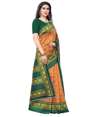 Orange printed art silk saree with blouse 4