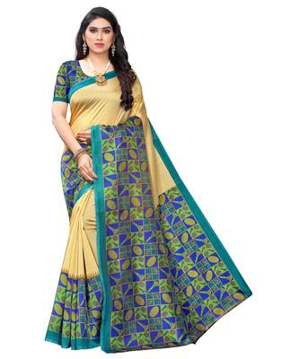 Cream printed art silk saree with blouse 1