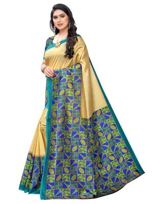 Cream printed art silk saree with blouse 2