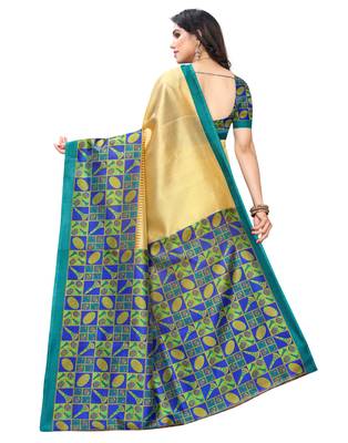 Cream printed art silk saree with blouse 3