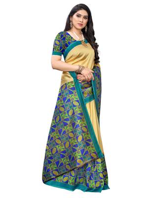 Cream printed art silk saree with blouse 4
