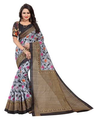 Grey printed art silk saree with blouse 1