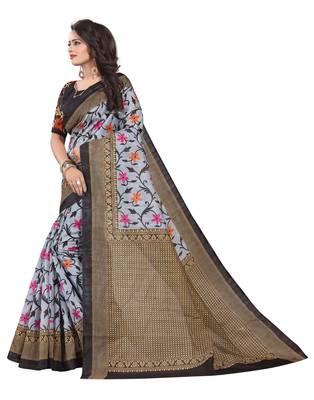 Grey printed art silk saree with blouse 2
