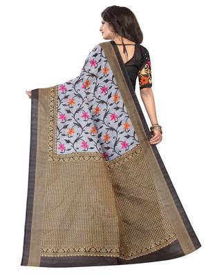Grey printed art silk saree with blouse 3