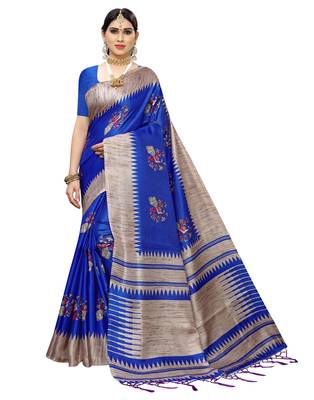 Blue printed art silk saree with blouse 1