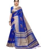 Blue printed art silk saree with blouse