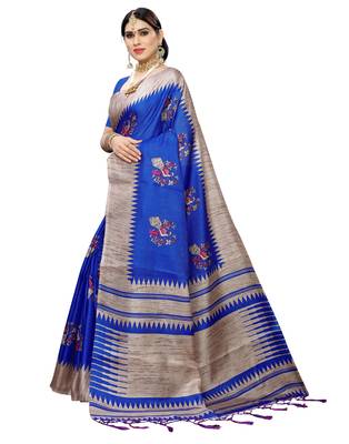 Blue printed art silk saree with blouse 2