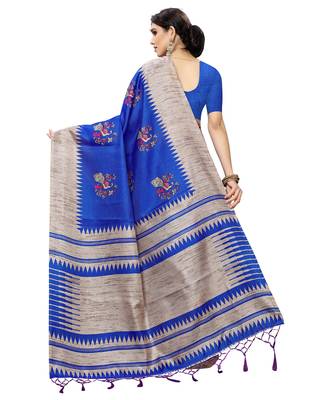 Blue printed art silk saree with blouse 3