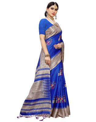 Blue printed art silk saree with blouse 4
