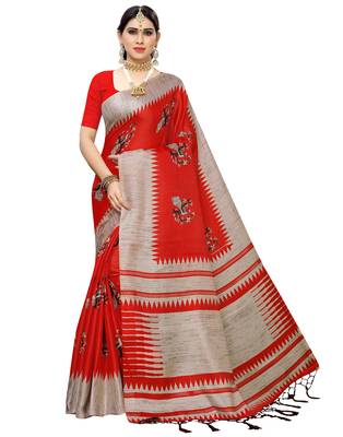Red printed art silk saree with blouse 1