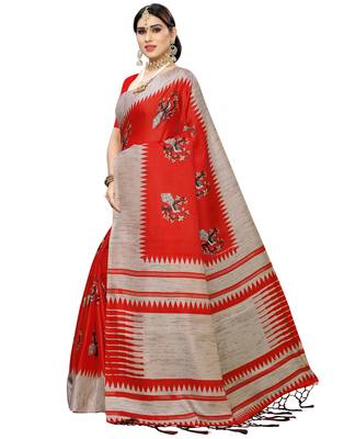 Red printed art silk saree with blouse 2