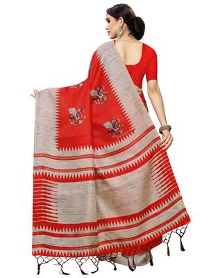 Red printed art silk saree with blouse 3