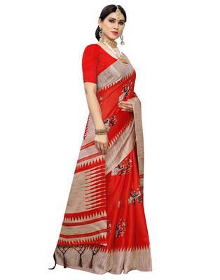 Red printed art silk saree with blouse 4